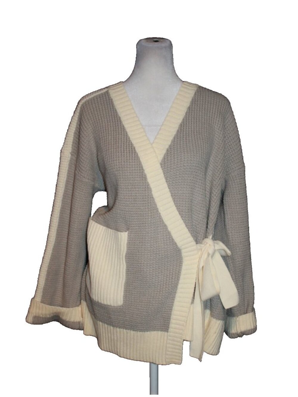 Sabo Australia Crossover Cardigan Sweater  Gray & Ivory Women's Size S 4 V-Neck